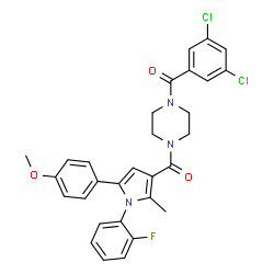ChemSpider 2D Image | [4-(3,5-Dichlorobenzoyl)-1-piperazinyl][1-(2-fluorophenyl)-5-(4-methoxyphenyl)-2-methyl-1H-pyrrol-3-yl]methanone | C30H26Cl2FN3O3