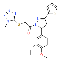 ChemSpider 2D Image | 1-[5-(3,4-Dimethoxyphenyl)-3-(2-thienyl)-4,5-dihydro-1H-pyrazol-1-yl]-2-[(1-methyl-1H-tetrazol-5-yl)sulfanyl]ethanone | C19H20N6O3S2