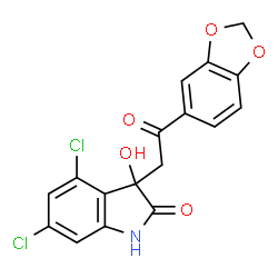 ChemSpider 2D Image | 3-[2-(1,3-Benzodioxol-5-yl)-2-oxoethyl]-4,6-dichloro-3-hydroxy-1,3-dihydro-2H-indol-2-one | C17H11Cl2NO5