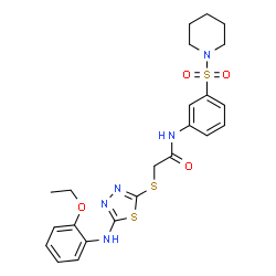 ChemSpider 2D Image | 2-({5-[(2-Ethoxyphenyl)amino]-1,3,4-thiadiazol-2-yl}sulfanyl)-N-[3-(1-piperidinylsulfonyl)phenyl]acetamide | C23H27N5O4S3