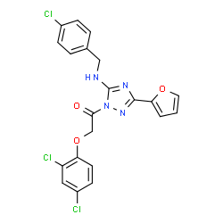 ChemSpider 2D Image | 1-{5-[(4-Chlorobenzyl)amino]-3-(2-furyl)-1H-1,2,4-triazol-1-yl}-2-(2,4-dichlorophenoxy)ethanone | C21H15Cl3N4O3