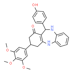 ChemSpider 2D Image | 11-(4-Hydroxyphenyl)-3-(3,4,5-trimethoxyphenyl)-2,3,4,5,10,11-hexahydro-1H-dibenzo[b,e][1,4]diazepin-1-one | C28H28N2O5