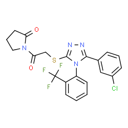 ChemSpider 2D Image | 1-[({5-(3-Chlorophenyl)-4-[2-(trifluoromethyl)phenyl]-4H-1,2,4-triazol-3-yl}sulfanyl)acetyl]-2-pyrrolidinone | C21H16ClF3N4O2S