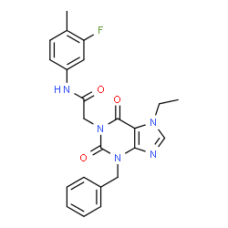 ChemSpider 2D Image | 2-(3-Benzyl-7-ethyl-2,6-dioxo-2,3,6,7-tetrahydro-1H-purin-1-yl)-N-(3-fluoro-4-methylphenyl)acetamide | C23H22FN5O3