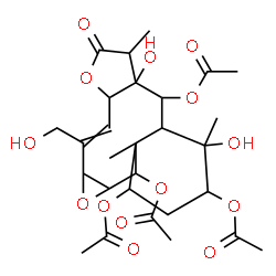 ChemSpider 2D Image | 6a,8-Dihydroxy-2-(hydroxymethyl)-6,8,11a-trimethyl-5-oxo-1a,3a,5,6,6a,7,7a,8,9,10,11,11a,12,12a-tetradecahydrobenzo[4,5]oxireno[7,8]cyclodeca[1,2-b]furan-7,9,11,12-tetrayl tetraacetate | C28H38O14