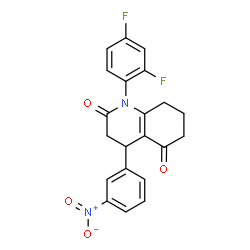 ChemSpider 2D Image | 1-(2,4-Difluorophenyl)-4-(3-nitrophenyl)-4,6,7,8-tetrahydro-2,5(1H,3H)-quinolinedione | C21H16F2N2O4