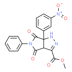 ChemSpider 2D Image | Methyl 6a-(3-nitrophenyl)-4,6-dioxo-5-phenyl-1,3a,4,5,6,6a-hexahydropyrrolo[3,4-c]pyrazole-3-carboxylate | C19H14N4O6