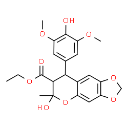 ChemSpider 2D Image | Ethyl 6-hydroxy-8-(4-hydroxy-3,5-dimethoxyphenyl)-6-methyl-7,8-dihydro-6H-[1,3]dioxolo[4,5-g]chromene-7-carboxylate | C22H24O9