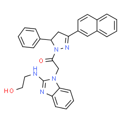 ChemSpider 2D Image | 2-{2-[(2-Hydroxyethyl)amino]-1H-benzimidazol-1-yl}-1-[3-(2-naphthyl)-5-phenyl-4,5-dihydro-1H-pyrazol-1-yl]ethanone | C30H27N5O2