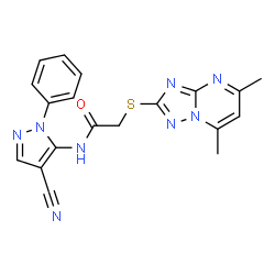 ChemSpider 2D Image | N-(4-Cyano-1-phenyl-1H-pyrazol-5-yl)-2-[(5,7-dimethyl[1,2,4]triazolo[1,5-a]pyrimidin-2-yl)sulfanyl]acetamide | C19H16N8OS