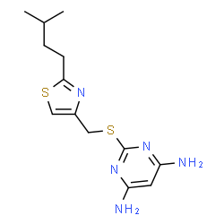 ChemSpider 2D Image | 2-({[2-(3-Methylbutyl)-1,3-thiazol-4-yl]methyl}sulfanyl)-4,6-pyrimidinediamine | C13H19N5S2