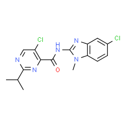 ChemSpider 2D Image | 5-Chloro-N-(5-chloro-1-methyl-1H-benzimidazol-2-yl)-2-isopropyl-4-pyrimidinecarboxamide | C16H15Cl2N5O