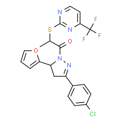 ChemSpider 2D Image | 1-[3-(4-Chlorophenyl)-5-(2-furyl)-4,5-dihydro-1H-pyrazol-1-yl]-2-{[4-(trifluoromethyl)-2-pyrimidinyl]sulfanyl}-1-propanone | C21H16ClF3N4O2S