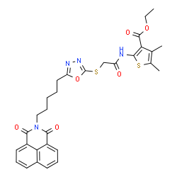 ChemSpider 2D Image | Ethyl 2-{[({5-[5-(1,3-dioxo-1H-benzo[de]isoquinolin-2(3H)-yl)pentyl]-1,3,4-oxadiazol-2-yl}sulfanyl)acetyl]amino}-4,5-dimethyl-3-thiophenecarboxylate | C30H30N4O6S2