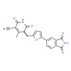 ChemSpider 2D Image | 5-{[5-(1,3-Dioxo-2,3-dihydro-1H-isoindol-5-yl)-2-furyl]methylene}-4-methyl-2,6-dioxo-1,2,5,6-tetrahydro-3-pyridinecarbonitrile | C20H11N3O5