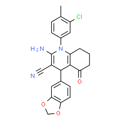 ChemSpider 2D Image | 2-Amino-4-(1,3-benzodioxol-5-yl)-1-(3-chloro-4-methylphenyl)-5-oxo-1,4,5,6,7,8-hexahydro-3-quinolinecarbonitrile | C24H20ClN3O3