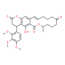 ChemSpider 2D Image | (16E)-5-Hydroxy-8-methyl-4-(2,3,4-trimethoxyphenyl)-4,8,9,10,11,13,14,15-octahydro-2H,6H-oxacyclotetradecino[3,4-g]chromene-2,6,12(3H)-trione | C30H34O9