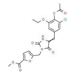 ChemSpider 2D Image | Methyl 5-{[4-(4-acetoxy-3-chloro-5-ethoxybenzylidene)-2,5-dioxo-1-imidazolidinyl]methyl}-2-furoate | C21H19ClN2O8
