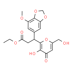 ChemSpider 2D Image | Ethyl 3-[3-hydroxy-6-(hydroxymethyl)-4-oxo-4H-pyran-2-yl]-3-(7-methoxy-1,3-benzodioxol-5-yl)propanoate | C19H20O9