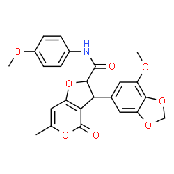 ChemSpider 2D Image | 3-(7-Methoxy-1,3-benzodioxol-5-yl)-N-(4-methoxyphenyl)-6-methyl-4-oxo-2,3-dihydro-4H-furo[3,2-c]pyran-2-carboxamide | C24H21NO8