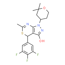 ChemSpider 2D Image | 1-(2,2-Dimethyltetrahydro-2H-pyran-4-yl)-6-methyl-4-(3,4,5-trifluorophenyl)-1,4-dihydropyrazolo[3,4-d][1,3]thiazin-3(2H)-one | C19H20F3N3O2S