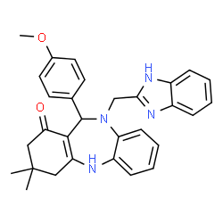 ChemSpider 2D Image | 10-(1H-Benzimidazol-2-ylmethyl)-11-(4-methoxyphenyl)-3,3-dimethyl-2,3,4,5,10,11-hexahydro-1H-dibenzo[b,e][1,4]diazepin-1-one | C30H30N4O2