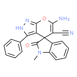 ChemSpider 2D Image | 6'-Amino-1-methyl-2-oxo-3'-phenyl-1,2-dihydro-2'H-spiro[indole-3,4'-pyrano[2,3-c]pyrazole]-5'-carbonitrile | C21H15N5O2