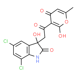 ChemSpider 2D Image | 5,7-Dichloro-3-hydroxy-3-[2-(2-hydroxy-6-methyl-4-oxo-4H-pyran-3-yl)-2-oxoethyl]-1,3-dihydro-2H-indol-2-one | C16H11Cl2NO6