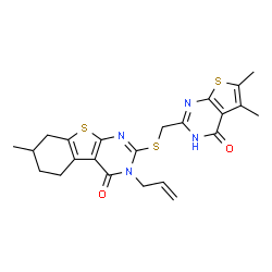 ChemSpider 2D Image | 3-Allyl-2-{[(5,6-dimethyl-4-oxo-3,4-dihydrothieno[2,3-d]pyrimidin-2-yl)methyl]sulfanyl}-7-methyl-5,6,7,8-tetrahydro[1]benzothieno[2,3-d]pyrimidin-4(3H)-one | C23H24N4O2S3
