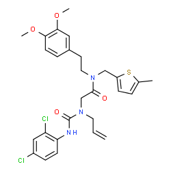 ChemSpider 2D Image | N~2~-Allyl-N~2~-[(2,4-dichlorophenyl)carbamoyl]-N-[2-(3,4-dimethoxyphenyl)ethyl]-N-[(5-methyl-2-thienyl)methyl]glycinamide | C28H31Cl2N3O4S