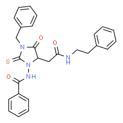 ChemSpider 2D Image | N-(3-Benzyl-4-oxo-5-{2-oxo-2-[(2-phenylethyl)amino]ethyl}-2-thioxo-1-imidazolidinyl)benzamide | C27H26N4O3S