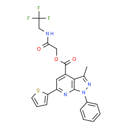 ChemSpider 2D Image | 2-Oxo-2-[(2,2,2-trifluoroethyl)amino]ethyl 3-methyl-1-phenyl-6-(2-thienyl)-1H-pyrazolo[3,4-b]pyridine-4-carboxylate | C22H17F3N4O3S