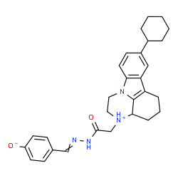 ChemSpider 2D Image | 4-({[(8-Cyclohexyl-1,2,3a,4,5,6-hexahydro-3H-pyrazino[3,2,1-jk]carbazol-3-ium-3-yl)acetyl]hydrazono}methyl)phenolate | C29H34N4O2