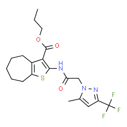 ChemSpider 2D Image | Propyl 2-({[5-methyl-3-(trifluoromethyl)-1H-pyrazol-1-yl]acetyl}amino)-5,6,7,8-tetrahydro-4H-cyclohepta[b]thiophene-3-carboxylate | C20H24F3N3O3S