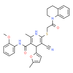 ChemSpider 2D Image | 5-Cyano-6-{[2-(3,4-dihydro-1(2H)-quinolinyl)-2-oxoethyl]sulfanyl}-N-(2-methoxyphenyl)-2-methyl-4-(5-methyl-2-furyl)-1,4-dihydro-3-pyridinecarboxamide | C31H30N4O4S