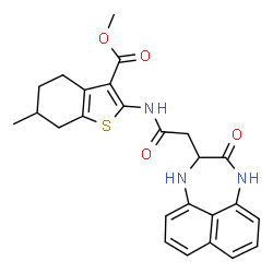 ChemSpider 2D Image | Methyl 6-methyl-2-{[(3-oxo-1,2,3,4-tetrahydronaphtho[1,8-ef][1,4]diazepin-2-yl)acetyl]amino}-4,5,6,7-tetrahydro-1-benzothiophene-3-carboxylate | C25H25N3O4S