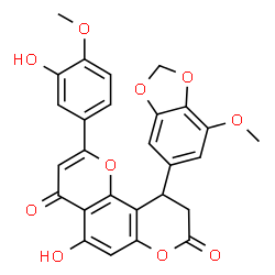 ChemSpider 2D Image | 5-Hydroxy-2-(3-hydroxy-4-methoxyphenyl)-10-(7-methoxy-1,3-benzodioxol-5-yl)-9,10-dihydro-4H,8H-pyrano[2,3-f]chromene-4,8-dione | C27H20O10