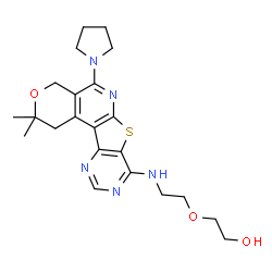ChemSpider 2D Image | 2-(2-{[2,2-Dimethyl-5-(1-pyrrolidinyl)-1,4-dihydro-2H-pyrano[4'',3'':4',5']pyrido[3',2':4,5]thieno[3,2-d]pyrimidin-8-yl]amino}ethoxy)ethanol | C22H29N5O3S