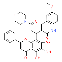ChemSpider 2D Image | 6-Methoxy-3-[3-(4-morpholinyl)-3-oxo-1-(5,6,7-trihydroxy-4-oxo-2-phenyl-4H-chromen-8-yl)propyl]-2(1H)-quinolinone | C32H28N2O9