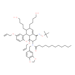 ChemSpider 2D Image | N-(1,3-Benzodioxol-5-ylmethyl)-N-[6a,10-bis(allyloxy)-1,2-bis(4-hydroxybutyl)-4-{[(2-methyl-2-propanyl)oxy]imino}-1,2,4,5,6,6a,11b,11c-octahydrobenzo[kl]xanthen-6-yl]dodecanamide | C54H78N2O9