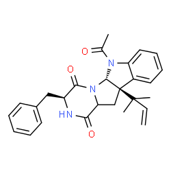 ChemSpider 2D Image | (3S,5aR,10bR)-6-Acetyl-3-benzyl-10b-(2-methyl-3-buten-2-yl)-6,10b,11,11a-tetrahydro-2H-pyrazino[1',2':1,5]pyrrolo[2,3-b]indole-1,4(3H,5aH)-dione | C27H29N3O3
