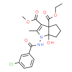 ChemSpider 2D Image | 3a-Ethyl 3-methyl 1-[(3-chlorobenzoyl)amino]-6a-hydroxy-2-methyl-4,5,6,6a-tetrahydrocyclopenta[b]pyrrole-3,3a(1H)-dicarboxylate | C20H23ClN2O6