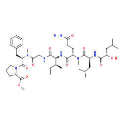 ChemSpider 2D Image | Methyl N-[(2S)-2-hydroxy-4-methylpentanoyl]-L-leucyl-N~2~-methyl-L-glutaminyl-L-isoleucylglycyl-N-methyl-D-phenylalanyl-L-prolinate | C42H67N7O10