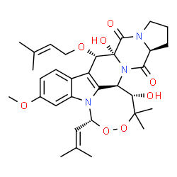 ChemSpider 2D Image | (1S,5R,10S,10aR,14aS,15bR)-1,10a-Dihydroxy-7-methoxy-2,2-dimethyl-10-[(3-methyl-2-buten-1-yl)oxy]-5-(2-methyl-1-propen-1-yl)-1,10,10a,14,14a,15b-hexahydro-12H-3,4-dioxa-5a,11a,15a-triazacycloocta[1,2,
3-lm]indeno[5,6-b]fluorene-11,15(2H,13H)-dione | C32H41N3O8