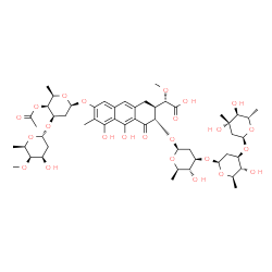 ChemSpider 2D Image | (2S)-[(2R,3S)-7-{[4-O-Acetyl-2,6-dideoxy-3-O-(2,6-dideoxy-4-O-methyl-alpha-D-lyxo-hexopyranosyl)-beta-D-lyxo-hexopyranosyl]oxy}-3-{[2,6-dideoxy-3-C-methyl-alpha-L-arabino-hexopyranosyl-(1->3)-2,6-dide
oxy-beta-D-arabino-hexopyranosyl-(1->3)-2,6-dideoxy-beta-D-arabino-hexopyranosyl]oxy}-5,10-dihydroxy-6-methyl-4-oxo-1,2,3,4-tetrahydro-2-anthracenyl](methoxy)acetic acid | C52H74O24