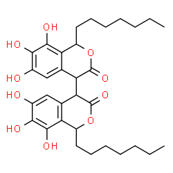 ChemSpider 2D Image | 1,1'-Diheptyl-6,6',7,7',8,8'-hexahydroxy-1,1',4,4'-tetrahydro-3H,3'H-4,4'-biisochromene-3,3'-dione | C32H42O10