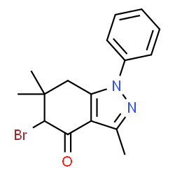 ChemSpider 2D Image | 5-Bromo-3,6,6-trimethyl-1-phenyl-1,5,6,7-tetrahydro-4H-indazol-4-one | C16H17BrN2O