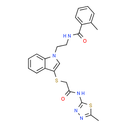 ChemSpider 2D Image | 2-Methyl-N-{2-[3-({2-[(5-methyl-1,3,4-thiadiazol-2-yl)amino]-2-oxoethyl}sulfanyl)-1H-indol-1-yl]ethyl}benzamide | C23H23N5O2S2