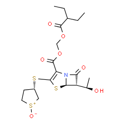 ChemSpider 2D Image | (3S)-3-({(5R,6S)-2-({[(2-Ethylbutanoyl)oxy]methoxy}carbonyl)-6-[(1R)-1-hydroxyethyl]-7-oxo-4-thia-1-azabicyclo[3.2.0]hept-2-en-3-yl}sulfanyl)tetrahydro-1-thiopheniumolate | C19H27NO7S3