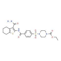 ChemSpider 2D Image | Ethyl 4-({4-[(3-carbamoyl-4,5,6,7-tetrahydro-1-benzothiophen-2-yl)carbamoyl]phenyl}sulfonyl)-1-piperazinecarboxylate | C23H28N4O6S2